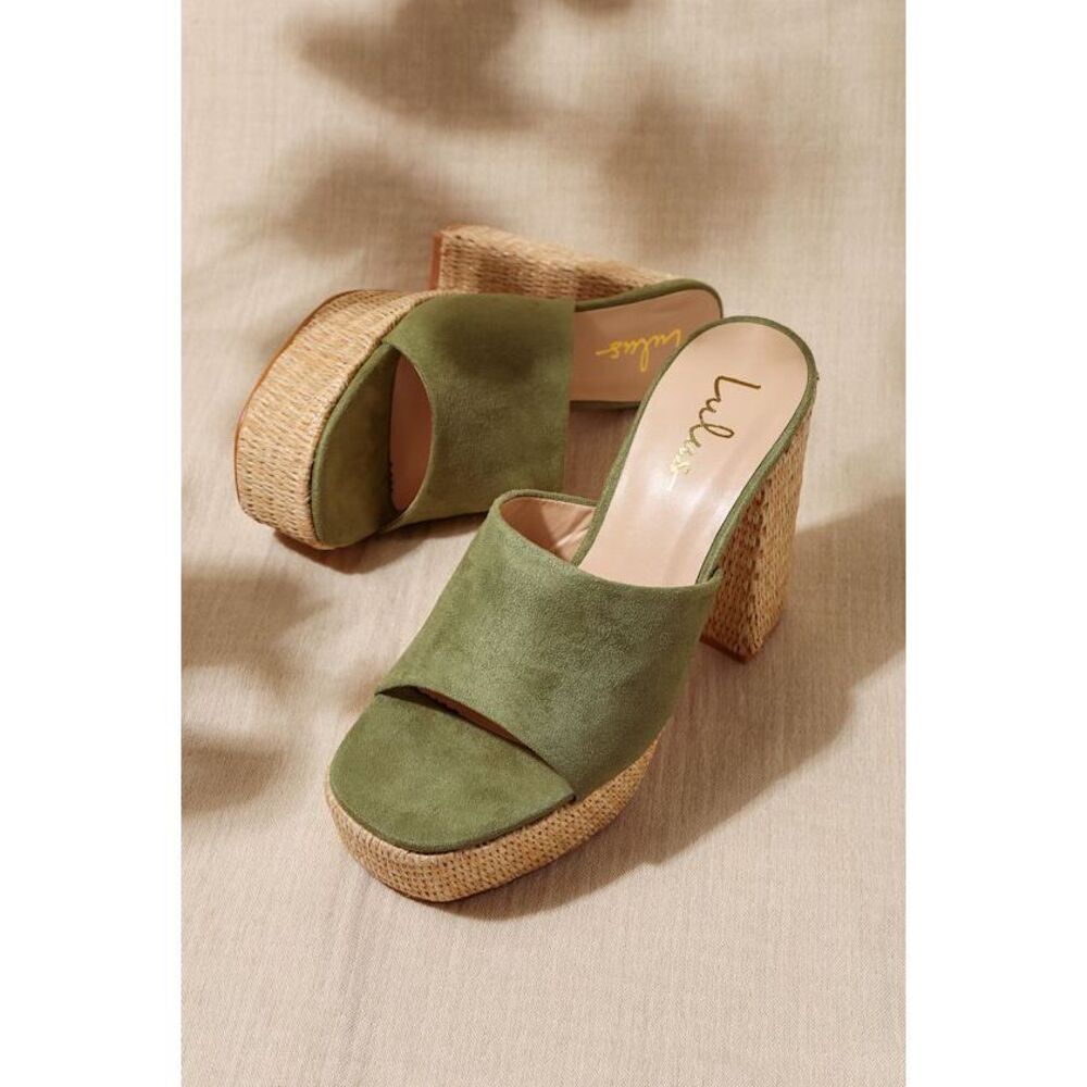 Lulus Karinah Sage Suede Raffia Platform Slide Sandals Green - Size 10